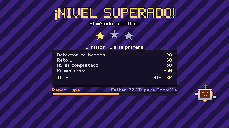 Level complete: stars, experience and rank.